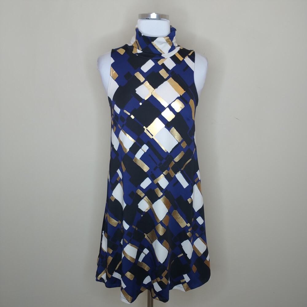 Julie Brown NYC Dress Geometric Stretch Blue‎ Gold Black